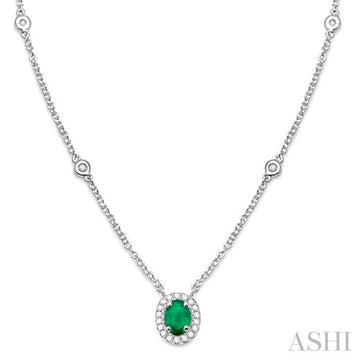 6x4 MM Oval Cut Emerald and 1/6 Ctw Round Cut Diamond Necklace in 14K White Gold